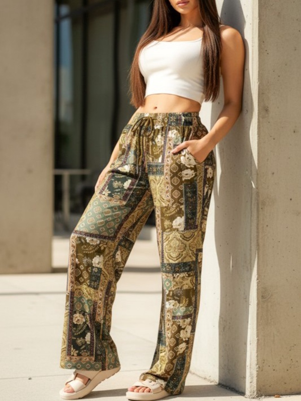 Relaxed Patchwork Print Wide-Leg Pants - Olive Multi P-30102-GRN-2